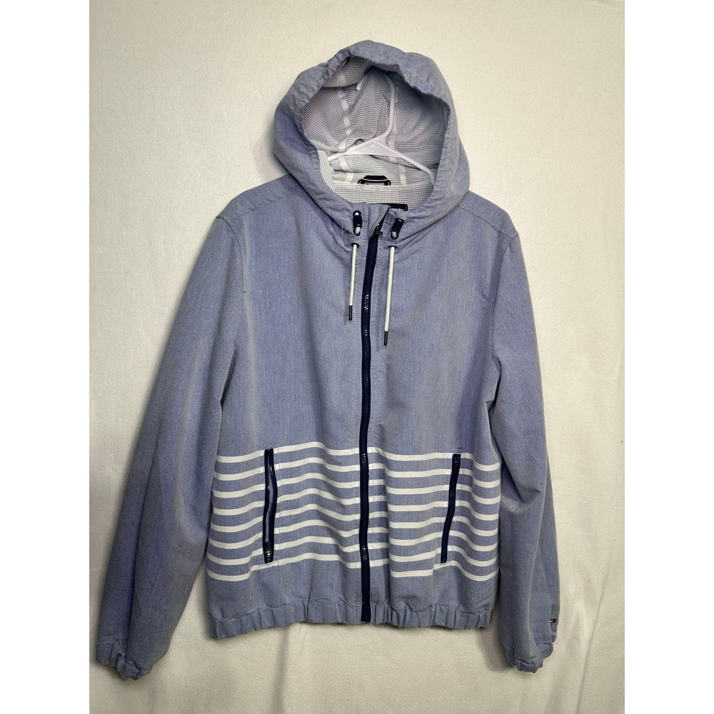 Tommy Hilfiger Mens Light Blue Striped Hooded Windbreaker Jacket Large Full Zip